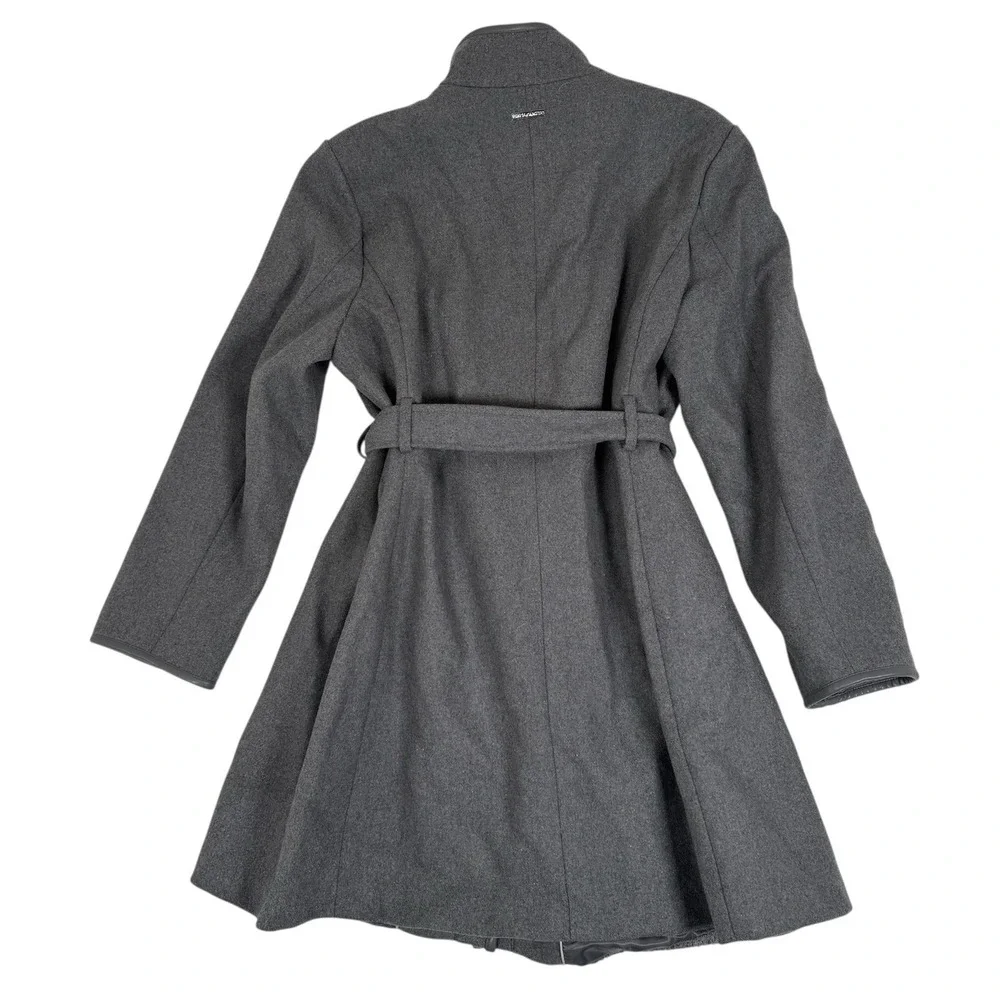 Vince Camuto Wool High‎ Neck Belted PU Trim Coat Womens XXL Gray